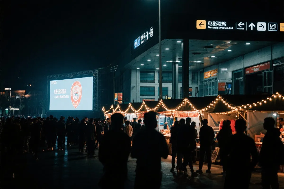 费城球迷广场夜景：大屏观赛人群、步行指示牌与公共交通入口